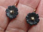 Antieke Rouw - Oorbellen ‘Bloemvorm’  14 kt Goud Onyx Parel, Sieraden, Tassen en Uiterlijk, Antieke sieraden, Verzenden, Goud