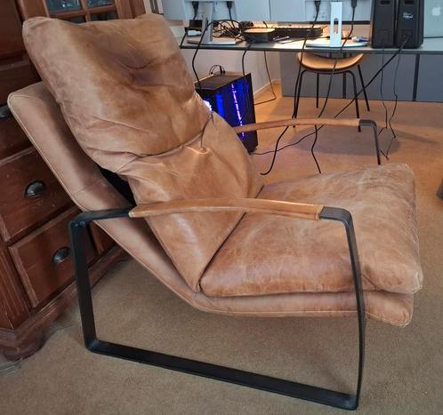 Bruin Lederen Relaxstoel, Huis en Inrichting, Fauteuils, Gebruikt, Hout, Leer, Metaal, 75 tot 100 cm, 75 tot 100 cm, Ophalen of Verzenden