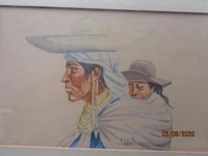 Mooie Aquarel EQUADORAANSE vrouw Kind op Schouder, Antiek en Kunst, Kunst | Niet-Westerse kunst, Ophalen