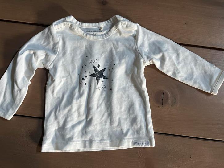 Crème wit tshirt Noppies 62 Hello World shirtjes longsleeve, Kinderen en Baby's, Babykleding | Maat 62, Zo goed als nieuw, Jongetje of Meisje