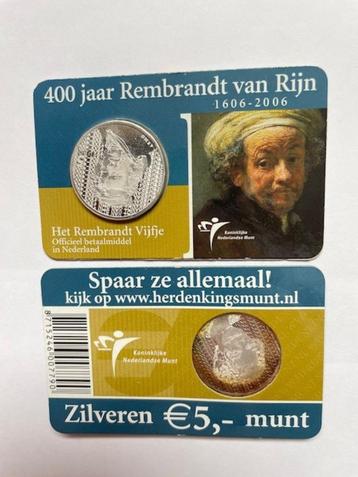 5 euro zilveren munt 400 jaar Rembrandt van Rijn in coincard