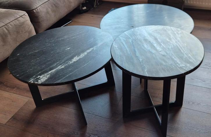set van 3 marmeren/stalen salontafels, Huis en Inrichting, Tafels | Salontafels, Gebruikt, Minder dan 50 cm, 50 tot 100 cm, 50 tot 100 cm