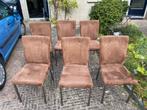 6 eetkamerstoelen camel microleder mocroleer, Ophalen, Gebruikt, Bruin, Metaal
