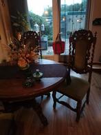 Antieke vossenkop eethoek tafel met 4 groen beklede stoelen, Antiek en Kunst, Ophalen