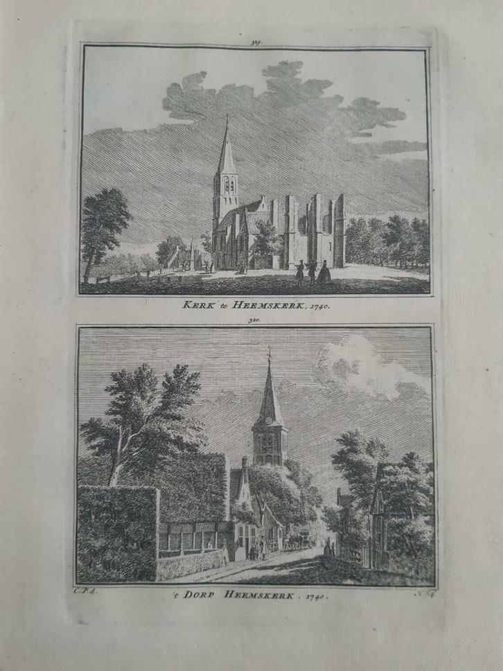 319-320*/ kopergravure uit 1752 van kerk en dorp Heemskerk, Antiek en Kunst, Kunst | Etsen en Gravures, Ophalen of Verzenden