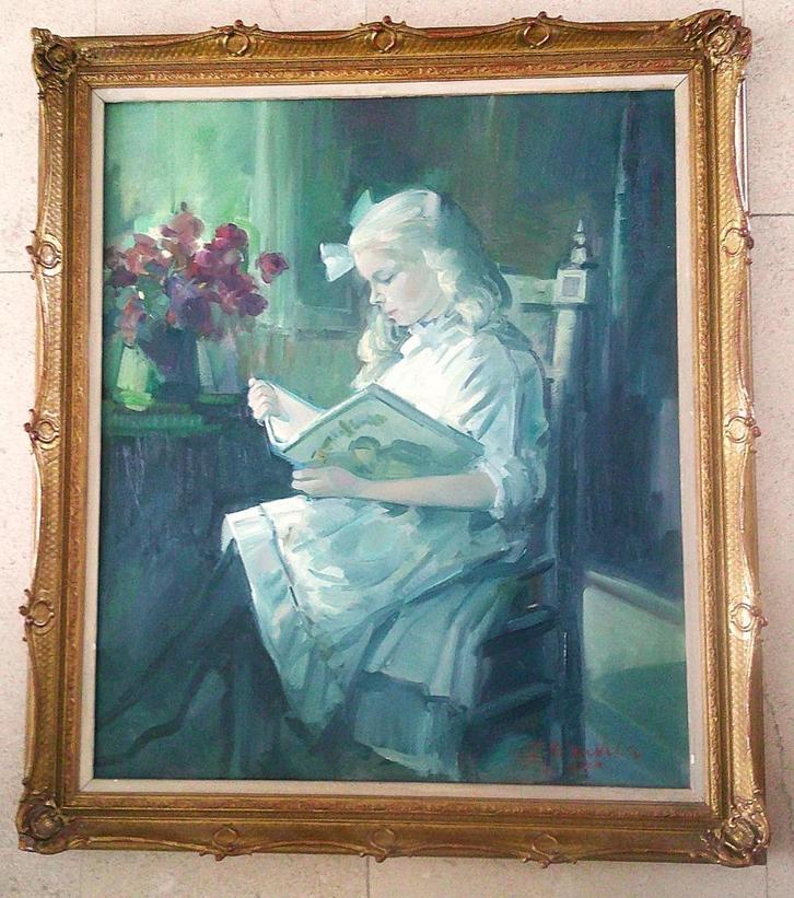 Jong meisje leest een boek ca. 1970 - C. Muller, Antiek en Kunst, Kunst | Schilderijen | Klassiek, Ophalen of Verzenden