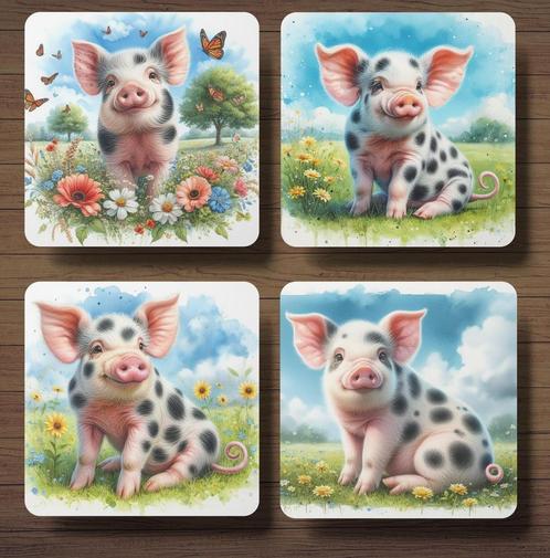Bonte Biggetjes Aquarel onderzetters met houder, Huis en Inrichting, Woonaccessoires | Onderzetters, Nieuw, Glas of Kopje, Ophalen of Verzenden