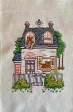 Borduurwerk, zijde, huis, tuin, beer, vintage, Ophalen