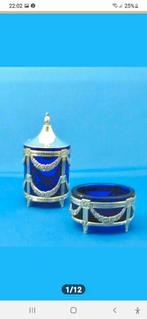 ZILVER - ZILVEREN ZOUT EN MOSTERD POT  MET BLAUWE LINER 1e, Verzenden, Zilver