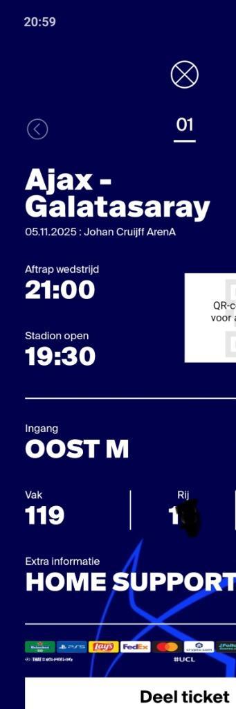 Kaart Ajax Galatasaray vak 119 1e RING, Tickets en Kaartjes, Sport | Voetbal, Eén persoon, November, Losse kaart, Europa of Champions League