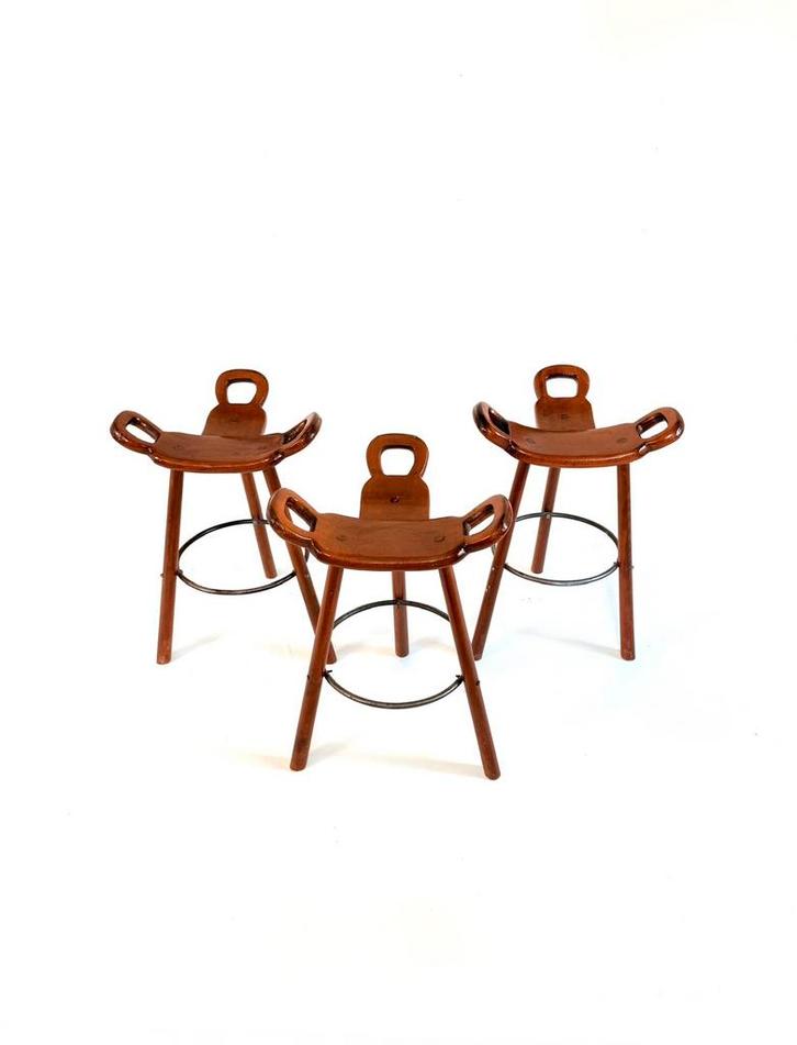 Set van 3 vintage ‘Marbella’ barkrukken, Conoform ‘60, Huis en Inrichting, Barkrukken, Zo goed als nieuw, 60 tot 90 cm, Hout, Metaal