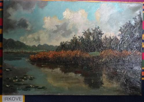 OLIEVERF OP LINNEN * WATERLELIES RIETRAND * Gesigneerd *, Antiek en Kunst, Kunst | Schilderijen | Klassiek, Ophalen of Verzenden
