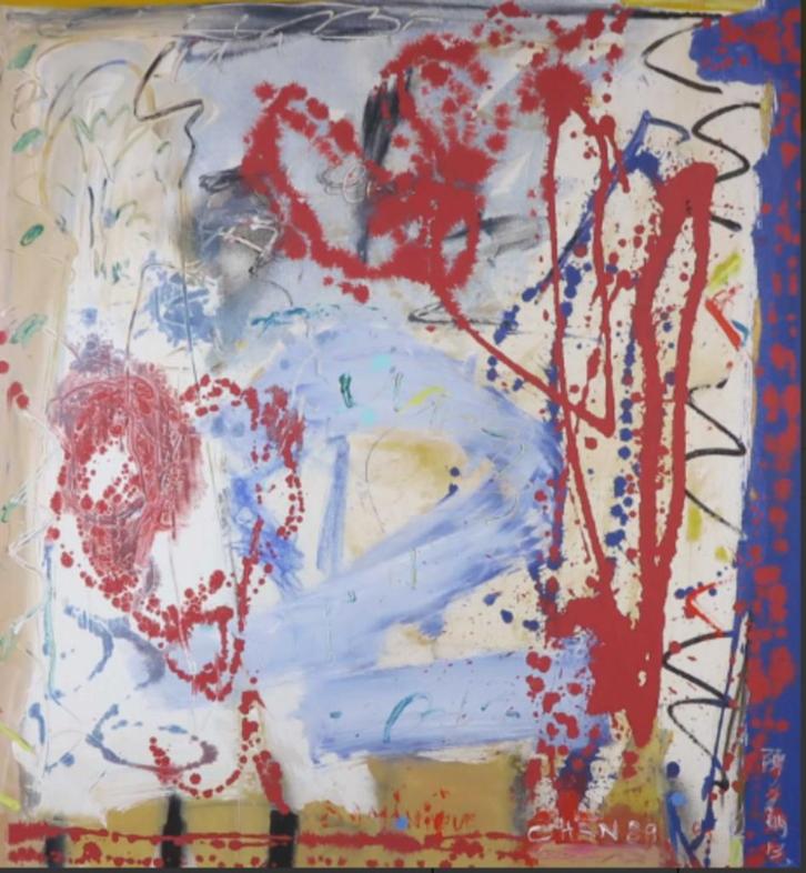 = Dominique Chan (geb 1950) == doek 95 x 90 cm =, Antiek en Kunst, Kunst | Schilderijen | Abstract, Ophalen