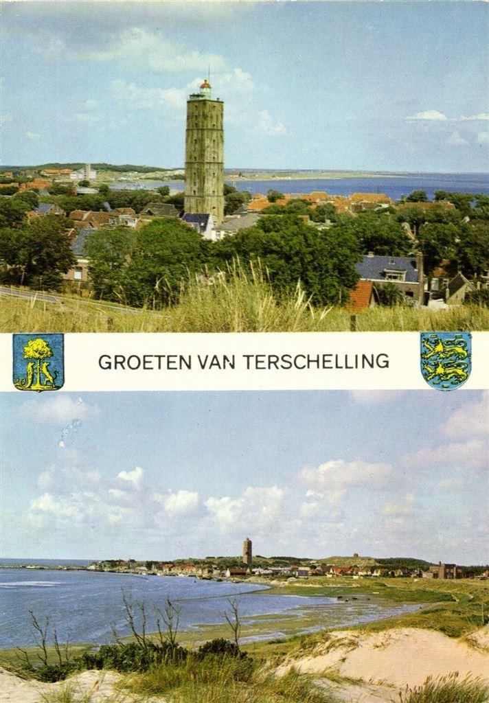 Groeten uit Terschelling - 2 afb + wapens - 1976 gelopen, Verzamelen, Ansichtkaarten | Nederland, Gelopen, Noord-Brabant, 1960 tot 1980