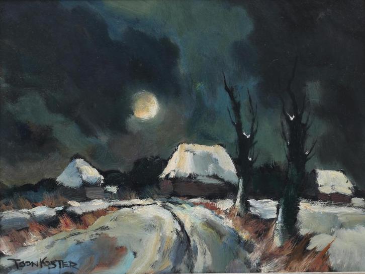 Toon Koster(1913)Olieverf Board "Landschap in Maanlicht" Ges, Antiek en Kunst, Kunst | Schilderijen | Modern, Ophalen of Verzenden