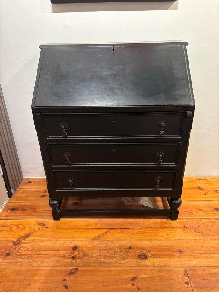 Vintage zwarte secretaire met drie lades, Huis en Inrichting, Kasten | Secretaires, Gebruikt, Ophalen