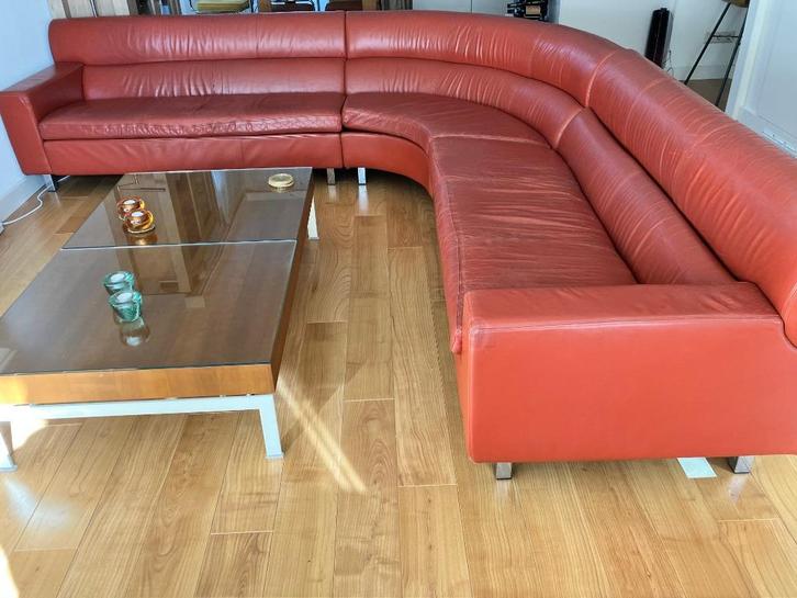 Oranje leren Gelderland design hoekbank, Huis en Inrichting, Banken | Bankstellen, Gebruikt, Hoekbank, Vierpersoons of meer, 300 cm of meer