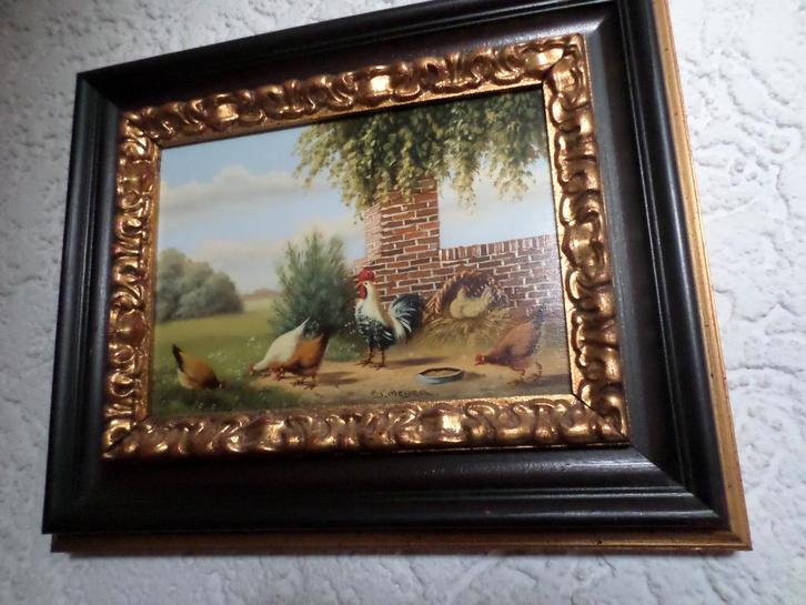 vijf olieverfschilderijtjes met kippetjes van Janny Meijer, Antiek en Kunst, Kunst | Schilderijen | Klassiek, Ophalen of Verzenden