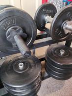 Halterset met gewichten op rek, Sport en Fitness, Ophalen, Gebruikt, Benen, Halterset