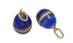Rusland blauw emaille 14k fabergei ei hangers goud oorbellen, Ophalen of Verzenden, Goud, Hanger, Met edelsteen