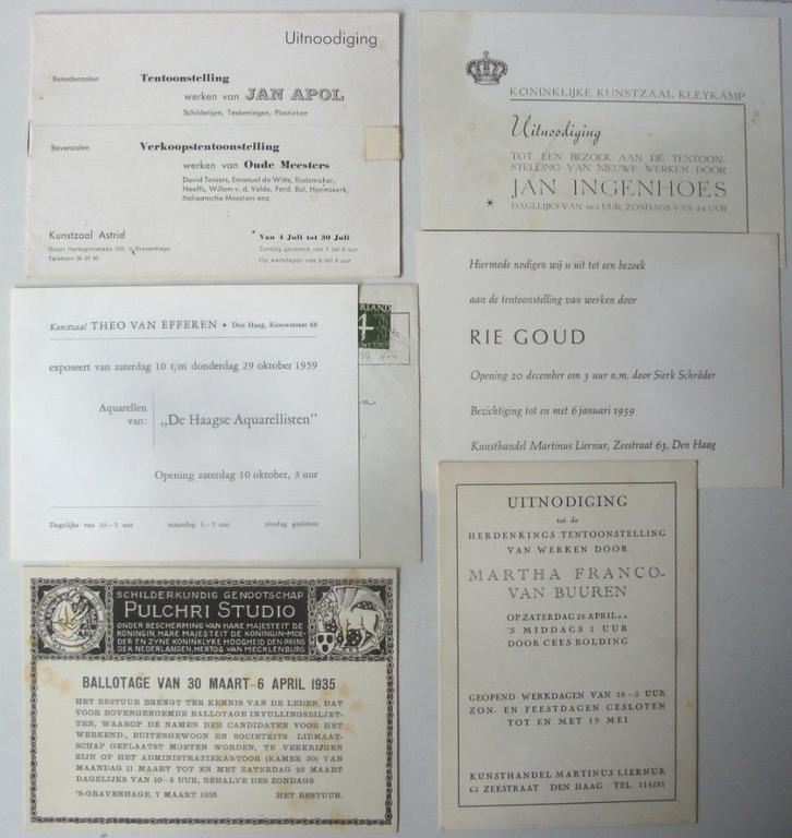 6 uitnodigingen tentoonstelling schilderijen 1935 - 1959, in, Antiek en Kunst, Curiosa en Brocante, Ophalen of Verzenden