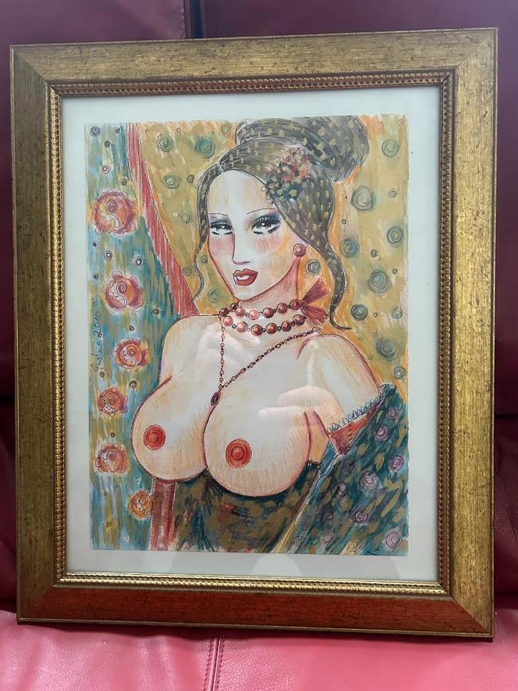 Aquarel Dame met ontbloot bovenlijf, Rusiana Eisenschmidt, Antiek en Kunst, Kunst | Schilderijen | Klassiek, Ophalen of Verzenden