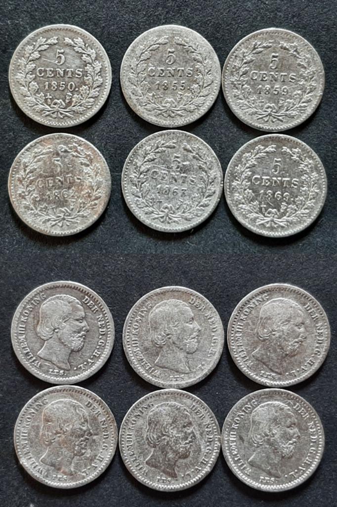 6 X 5 cent Willem III zilver, Postzegels en Munten, Munten | Nederland, Koning Willem III, Zilver, Verzenden