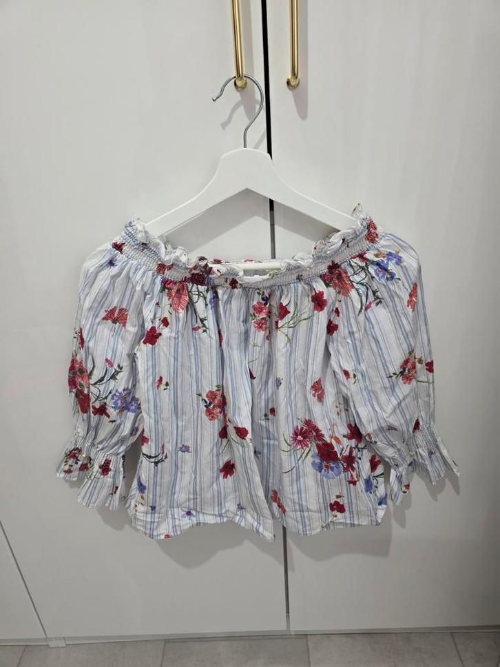 Zara Blouse met Bloemenprint - Zomerse Top, Kleding | Dames, Tops, Zo goed als nieuw, Maat 38/40 (M), Wit, Lange mouw, Ophalen of Verzenden