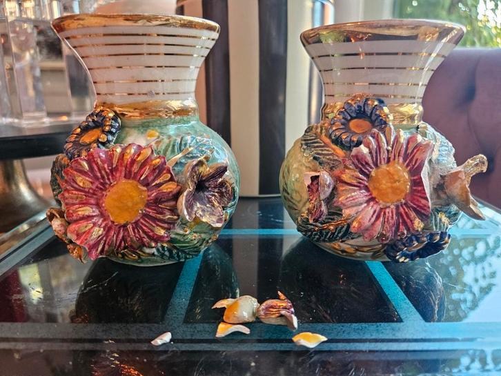 2 H. Bequet Mini Vaasjes Anemoon - Beschadigd, Antiek en Kunst, Antiek | Vazen, Ophalen of Verzenden