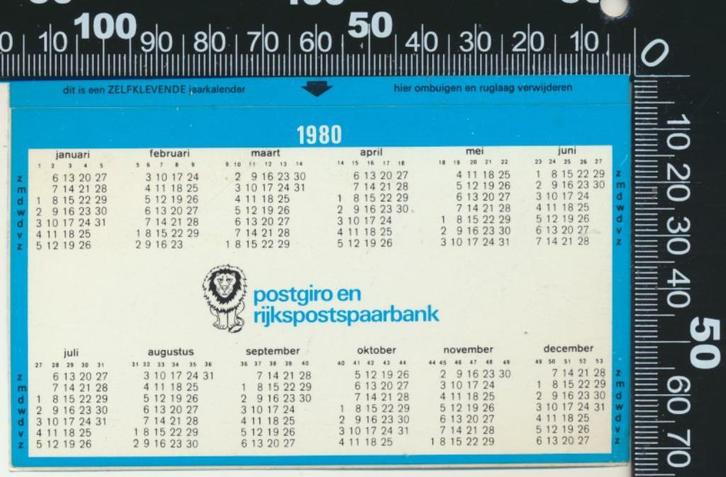 Sticker: Postgiro en Rijkspostspaarbank - Jaarkalender 1980, Verzamelen, Stickers, Zo goed als nieuw, Bedrijf of Vereniging, Ophalen of Verzenden