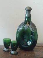 Antieke, vintage, glazen groene karaf met tin, Ophalen of Verzenden