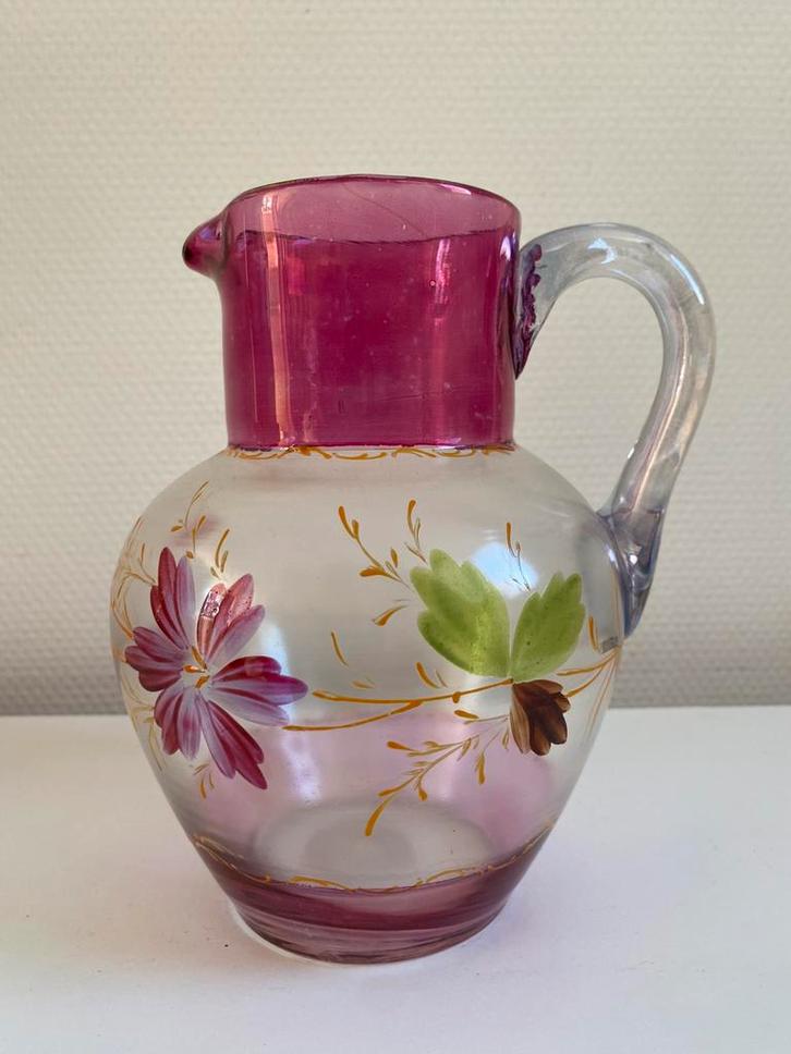 Victoriaanse kan 1850 -1900 met handgeschilderde bloemen, Antiek en Kunst, Antiek | Glas en Kristal, Ophalen of Verzenden