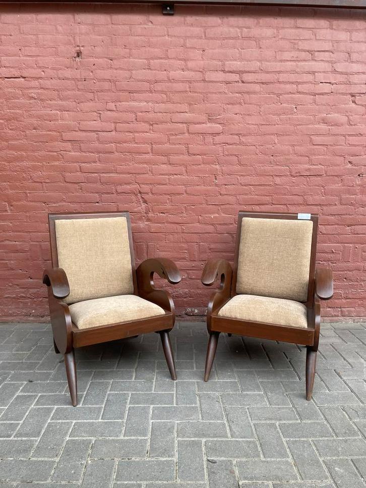 Vintage teakhouten faeuils, opnieuw gestoffeerd, Huis en Inrichting, Fauteuils, Hout, Stof, 50 tot 75 cm, Ophalen of Verzenden