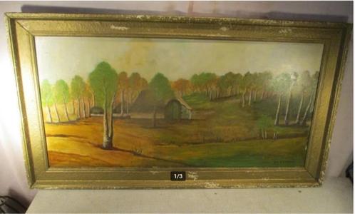Mooi Oud Geschilderd Werk 'Boerderij en Bomen' - CH Leyssen, Antiek en Kunst, Kunst | Schilderijen | Klassiek, Ophalen of Verzenden