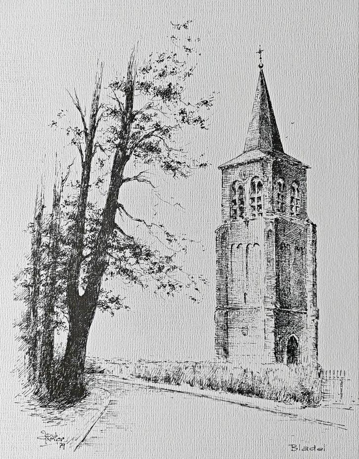 Bladel ... alleenstaande toren .... Kees Koster., Antiek en Kunst, Kunst | Tekeningen en Foto's, Ophalen of Verzenden
