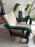 Vintage donkergroene rokerstoel / houten fauteuil, rotan, Huis en Inrichting, Ophalen, 75 tot 100 cm, Zo goed als nieuw, 50 tot 75 cm