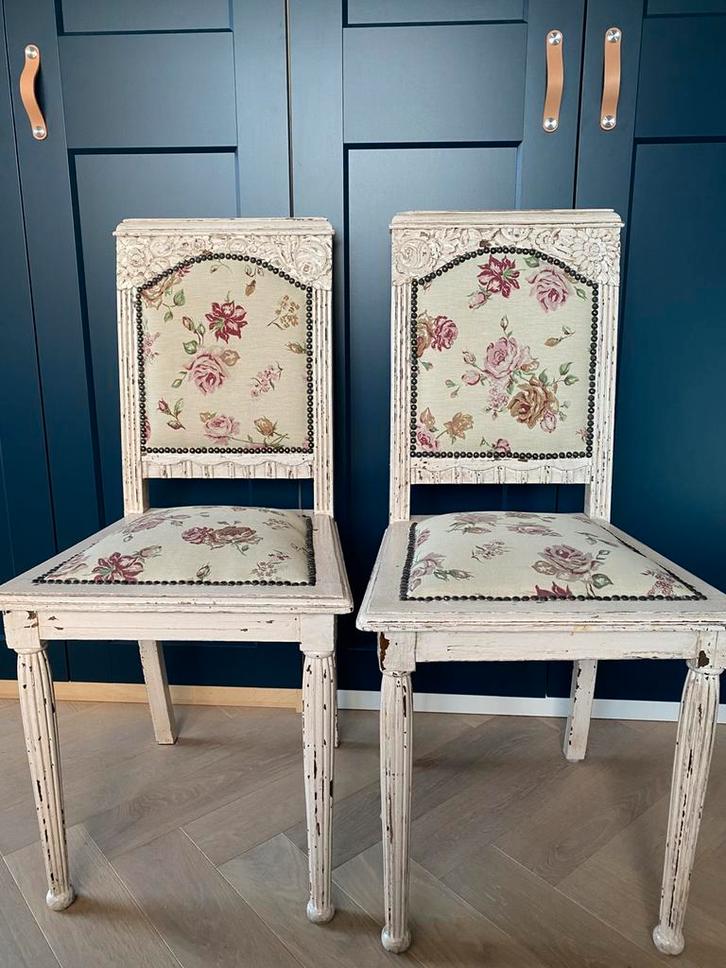 Vintage stoelen, Huis en Inrichting, Stoelen, Twee, Hout, Stof, Ophalen
