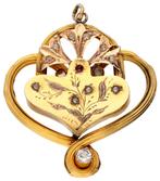 Art Nouveau 18K goud bicolour hanger met diamant gemerkt 750, Sieraden, Tassen en Uiterlijk, Antieke sieraden, Ophalen, Goud, Hanger