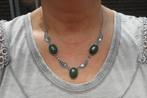 Prachtig zilveren collier met groene stenen nr.1475, Sieraden, Tassen en Uiterlijk, Antieke sieraden, Ketting, Ophalen of Verzenden