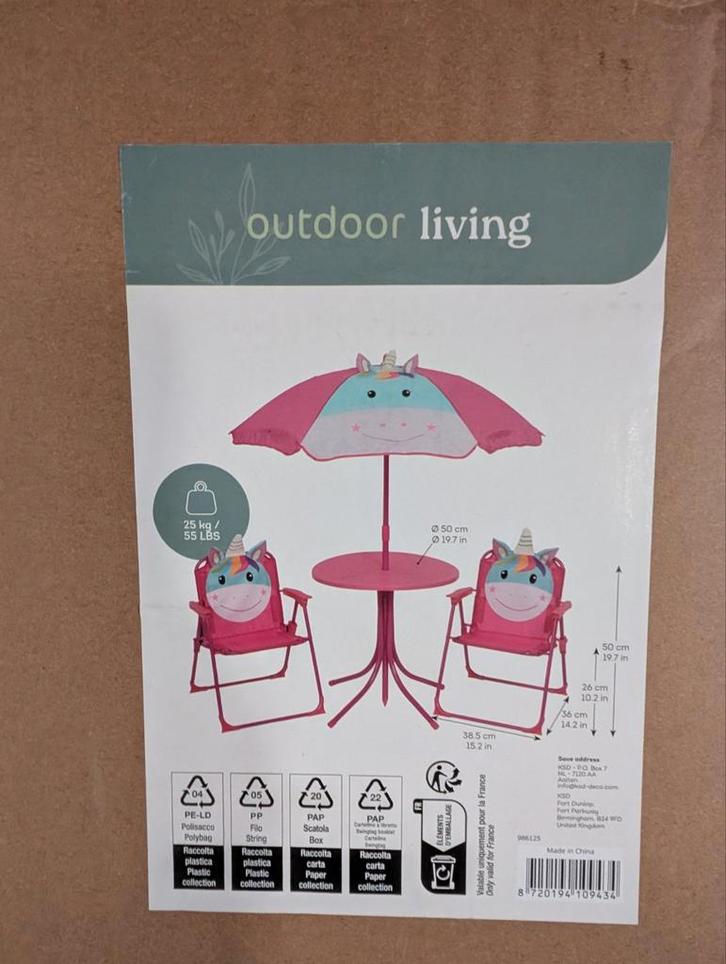 Tuinset Eenhoorn Meisje - Kinder Tuinmeubels, Tuin en Terras, Tuintafels, Nieuw, Rond, Kunststof, Ophalen of Verzenden