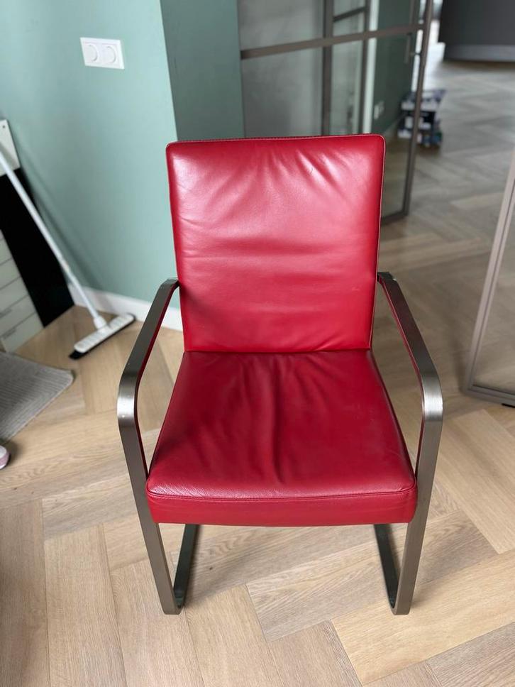 3x Rode leren stoel met metalen frame, Huis en Inrichting, Stoelen, Zo goed als nieuw, Eén, Leer, Metaal, Rood, Ophalen