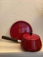 Vintage rode emaille fonduepan pan met onderbord, Ophalen of Verzenden