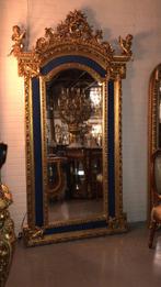 Groot Barok spiegel met kobalt blauw stof, Antiek en Kunst, Antiek | Spiegels, Ophalen of Verzenden, Rond, Minder dan 50 cm