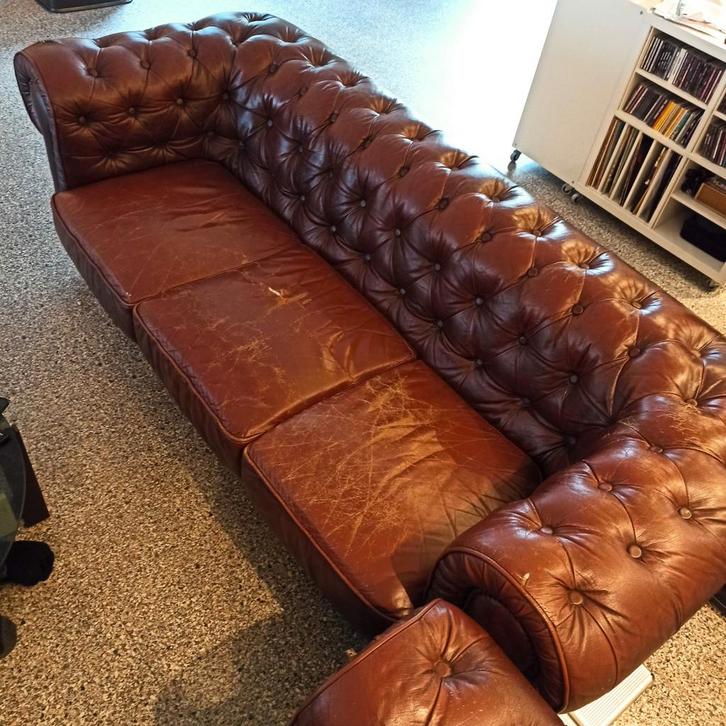 Chesterfield 3-Zits Leren Bank Cognac | Opknapper/Project, Huis en Inrichting, Banken | Bankstellen, Gebruikt, Driepersoons, 200 tot 250 cm