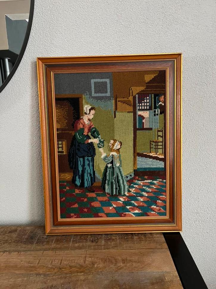 Prachtig vintage geborduurd schilderij - prof. ingelijst, Antiek en Kunst, Kunst | Schilderijen | Klassiek, Ophalen of Verzenden