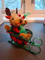 Vintage pluche kerst  rendier in rotan slee, Ophalen of Verzenden