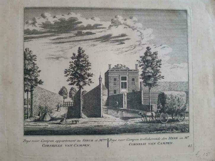 43 A / Kampen Buitenplaats Cornelis van Campen Kopergravure, Antiek en Kunst, Kunst | Litho's en Zeefdrukken, Ophalen of Verzenden