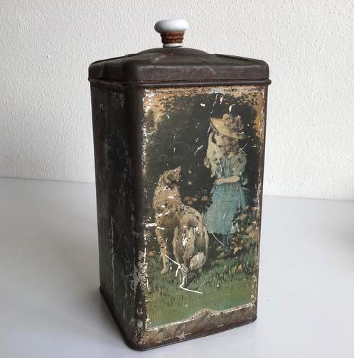 Oud antiek blik met porseleinen knop - meisje hond kat, Verzamelen, Blikken, Gebruikt, Ophalen of Verzenden