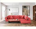 Nieuwe trendy hoekbank met bed en opberg rood velours stof, Nieuw, Ophalen of Verzenden, Vierpersoons of meer, Stof