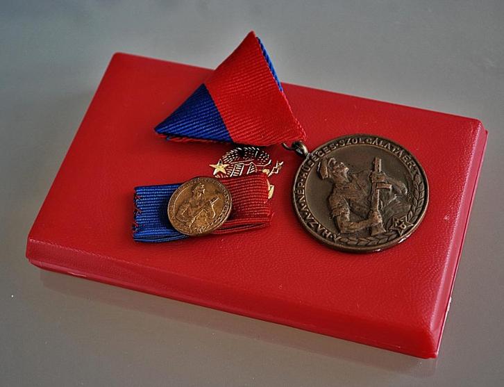 Militair Medaille met revers speld, Brons in Doos Volksleger, Antiek en Kunst, Curiosa en Brocante, Ophalen of Verzenden